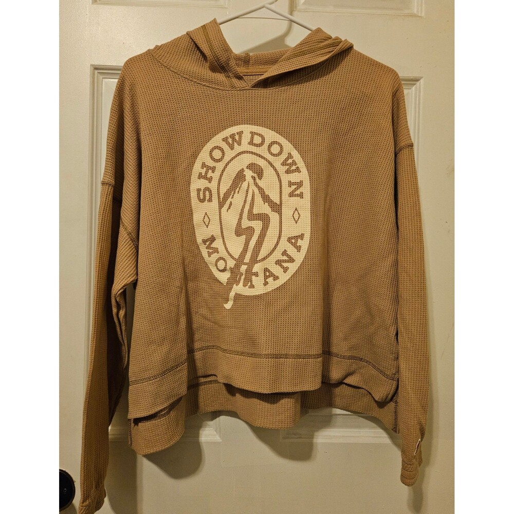 Women's Small Hooded Longsleeve Brown Tan Montana Showdown Ski Resort